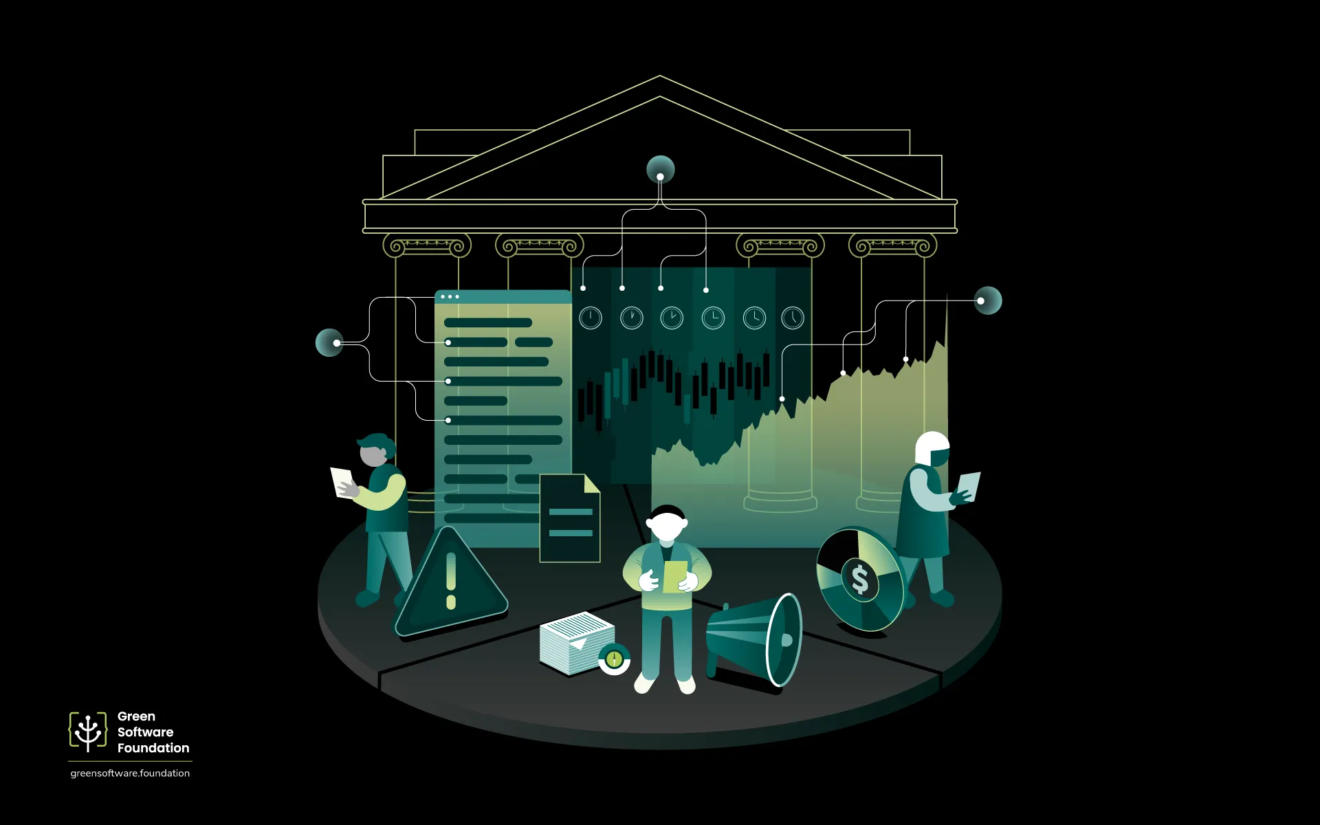 Illustration of a bank building with three figures standing in front, each connected to different data visuals — a document and text list, a candlestick stock chart with clocks, and a pie chart with a dollar sign — representing the three governance disciplines of model risk, disclosure, and cost.  Shorter version (if there's a character limit): Illustration of a bank with three figures linked to data visuals representing model risk, disclosure, and cost — the three governance disciplines discussed in the article.  Let me know if the CMS has a specific character cap and I'll tighten further.