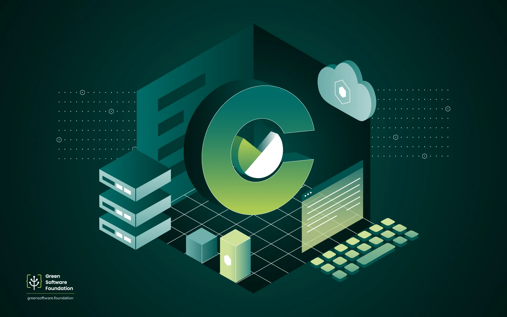 Isometric illustration of Carmen (Carbon Measurement Engine) featuring a large green C logo surrounded by server stacks, a cloud icon, and a laptop displaying data, on a dark teal background. Green Software Foundation logo in the bottom left corner.