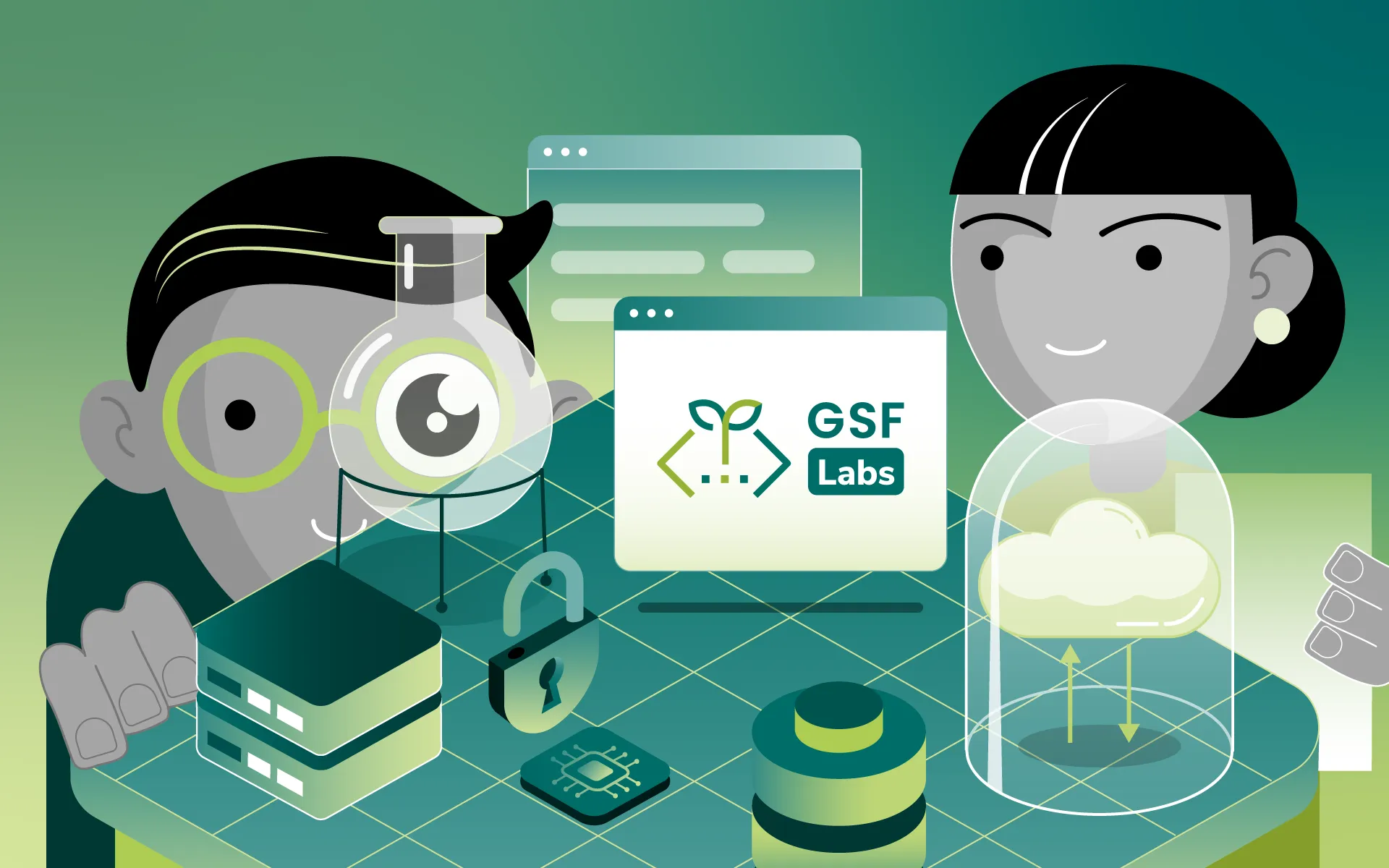 Illustration of two scientists at a lab bench experimenting with a GSF Labs browser window, alongside icons representing servers, security, data storage, and cloud computing, symbolizing prototyping and testing in green software research.